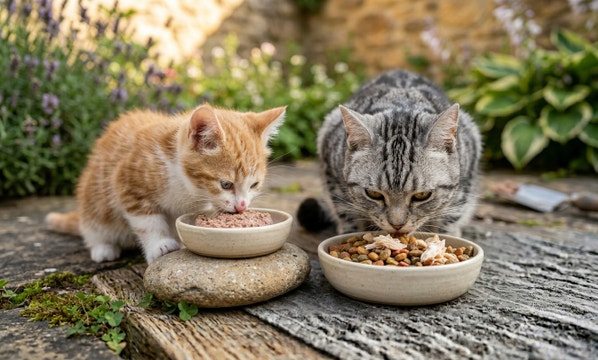 two cats eating different types of food