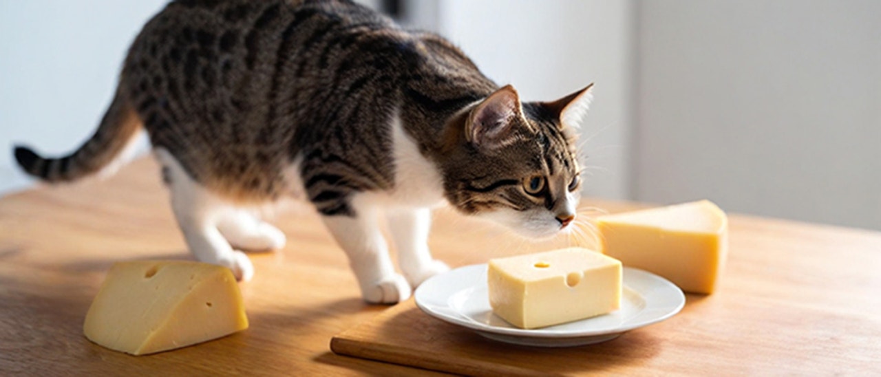 seekor kucing mendekati keju di atas piring