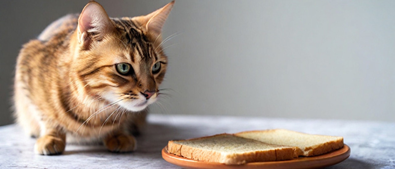 seekor kucing berdiri di dekat roti di atas piring