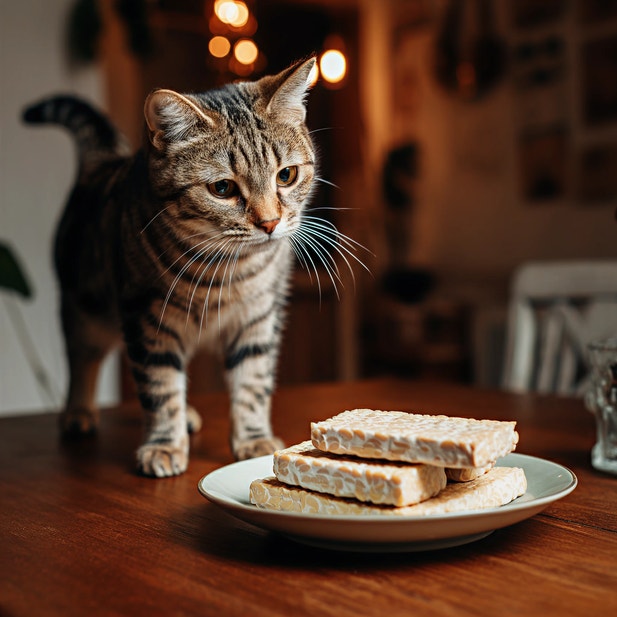 Seekor kucing berdiri melihat tempe di atas piring