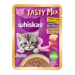 WHISKAS Tasty Mix Pouch Makanan Kucing Basah untuk Anak Kucing - Ayam Tuna Ubi Jalar dalam Saus image