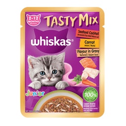 WHISKAS Tasty Mix Pouch Makanan Kucing Basah untuk Anak Kucing - Koktail Makanan Laut Wortel dalam Saus image
