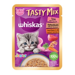 WHISKAS Tasty Mix Pouch Makanan Kucing Basah untuk Anak Kucing - Tuna Katsuobushi Wortel dalam Jeli image