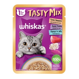 WHISKAS Tasty Mix Pouch Makanan Kucing Basah Dewasa - Tuna Sasami Ubi Jalar dalam Jeli image