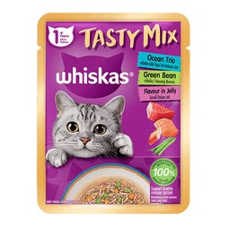 WHISKAS® Tasty Mix 1+ Tahun Rasa Trio Makanan Laut Kacang Hijau Dalam Jeli.