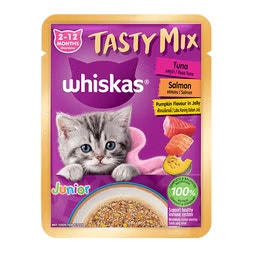 WHISKAS® Tasty Mix 2-12 Bulan Rasa Tuna Salmon Labu Dalam Jeli