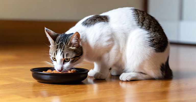 kucing makan dari dalam mangkuk